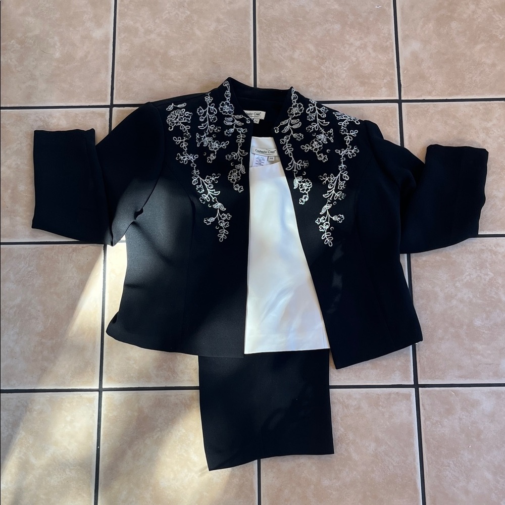 Coldwater Creek Black Blazer with White Floral Embroidery and Dress Pants